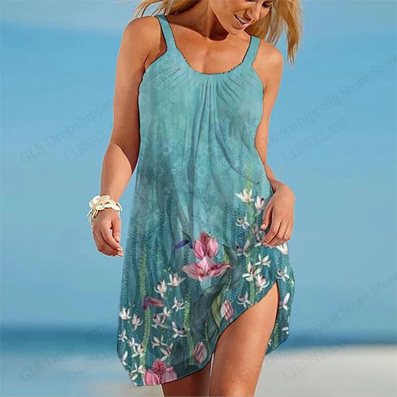 Abito da donna con cinturino da spiaggia elegante estivo senza maniche sexy bohémien con stampa floreale abito da sera per feste vestito estivo stile vintage