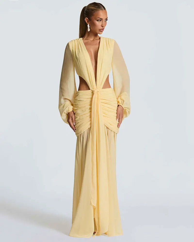 GACVGA Abito lungo elegante in chiffon per donna Nuovi abiti con maniche a lanterna Abiti lunghi aderenti da club sexy pieghettati