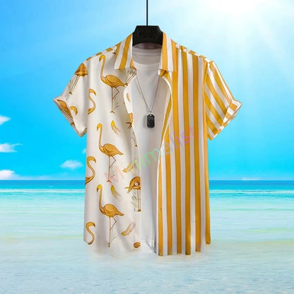 2025 Camicia con stampa foglia e fenicottero per uomo Camicia hawaiana Casual Beach Manica corta Moda Top Camicetta maschile Abbigliamento estivo