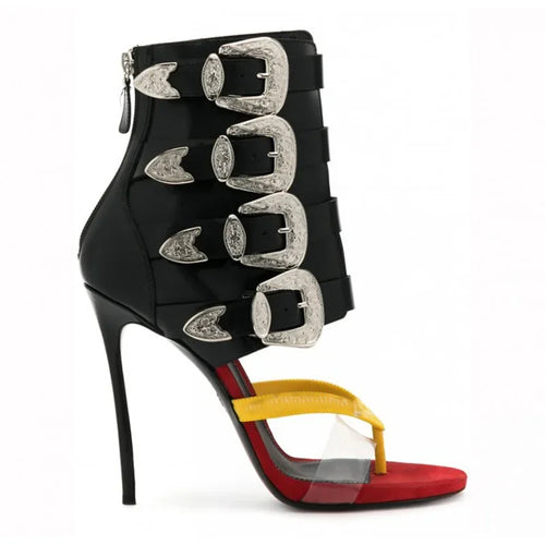 Sandales d'été à talons hauts pour femme, sandales à talons hauts pour femme avec bout pointu, décoration en métal, bride à boucle en PVC, tongs, chaussures sexy à talons hauts pour femme