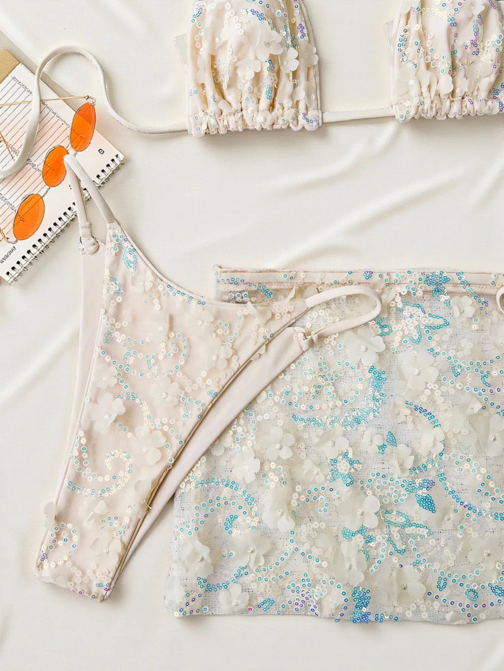 Costume da bagno a 3 pezzi con gonna in rete rosa con paillettes, reggiseno push-up e perizoma, stile brasiliano, per donna, ideale per le vacanze.