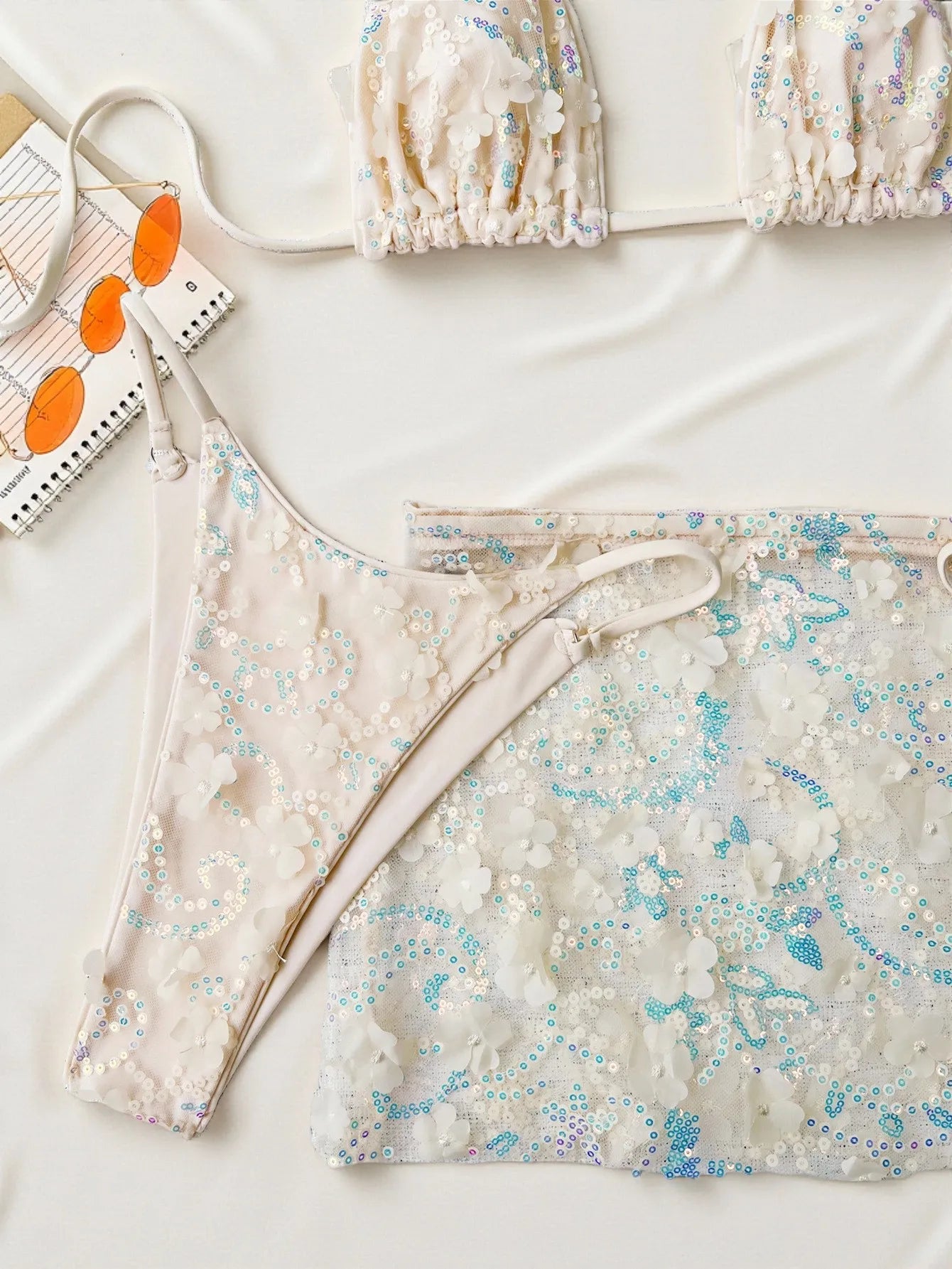 Costume da bagno a 3 pezzi con gonna in rete rosa con paillettes, reggiseno push-up e perizoma, stile brasiliano, per donna, ideale per le vacanze.