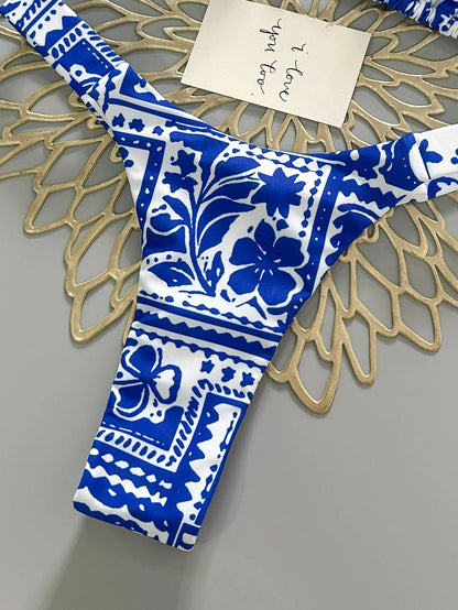 2026 Blue and White Porcelain Printed Bikini Neck Triangle Cup Split Swimsuit Women's Beach Holiday Swimsuit