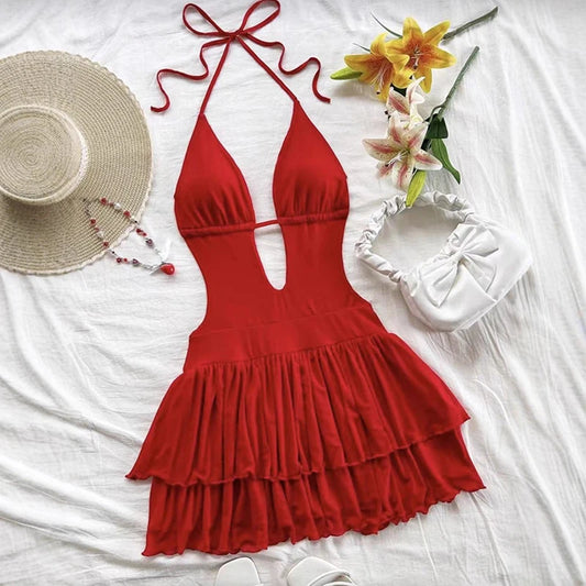 Summer Sexy Backless Dress Women Fashion Hanging Neck Lace Up A Lline Ruffles Dresses Woman Deep V Neck Vacation Beach Dress