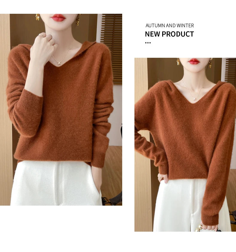 Abbigliamento donna autunno inverno colletto con cappuccio pullover maglione di lana merino 100% nuova moda top in cashmere che tocca il fondo maglieria morbida