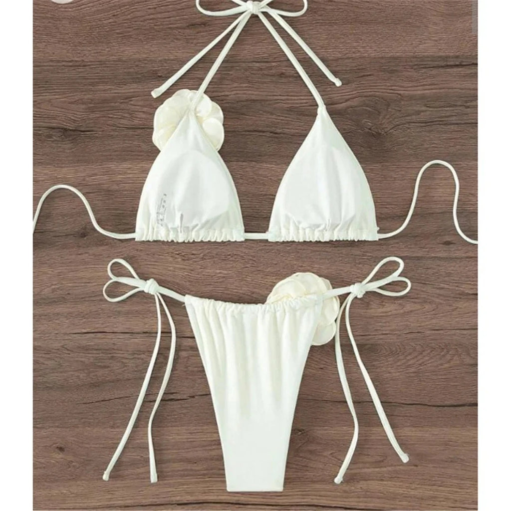 S - XL Sexy 3D Blumen Neckholder Träger Bikini Damen Bademode Weiblicher Badeanzug Zweiteiliges Bikini-Set Badeanzug
