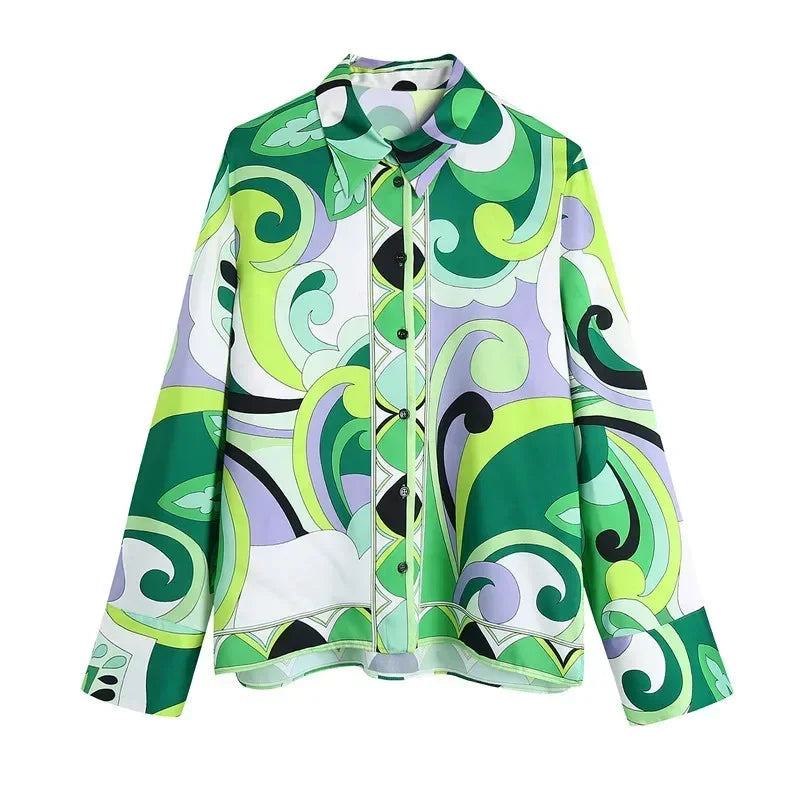 Summer Skirt Sets Women Tops Fashion Long Sleeve Plant Print Flower Shirt High Waist A-line Skirt Boho Beach Sets Y2k Skirt