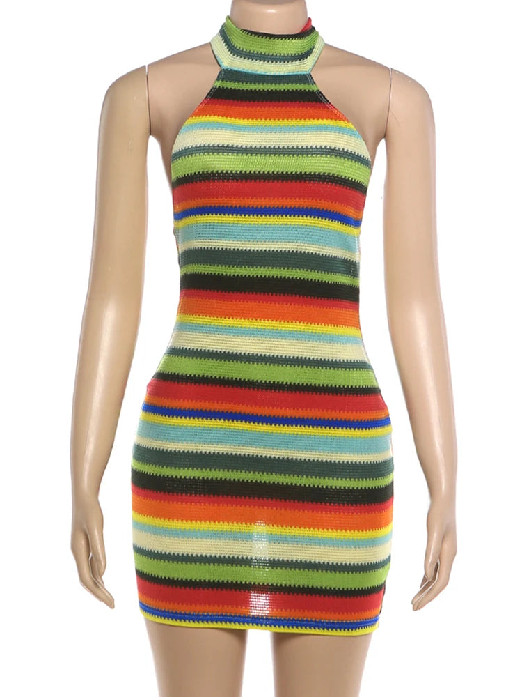 Kliou Mini Abito Donna a Righe Patchwork, Halter con Spalle Scoperte, Schiena Nuda, Aderente, Effetto Push-Up sui Fianchi, Stile Street Fashion per Ragazze Trendy