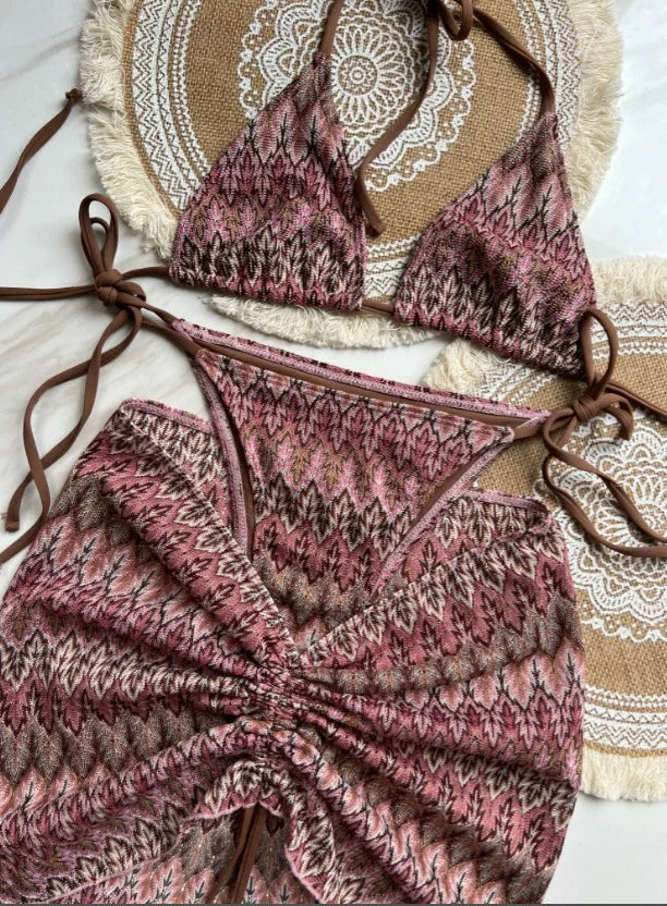 Costume da bagno donna Gonna bikini lavorata a maglia con foglie d'acero colorate Set tre pezzi Costume da bagno diviso Bikini