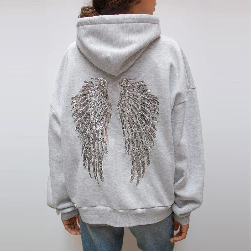 Felpe con cappuccio con ali d'angelo con paillettes Pullover a maniche lunghe allentati da donna Top pantaloni da yoga dimagranti Set 2025 New Casual Lady Set da due pezzi