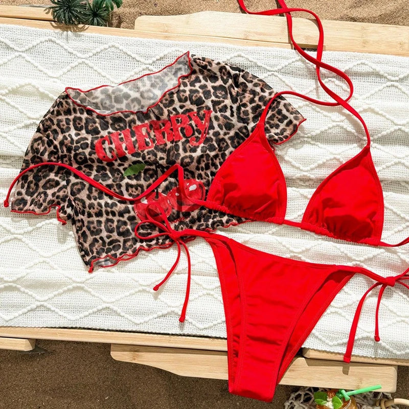 Sexy Thong Bikini 2026 Women Cherry Print Bikinis Short Sleeve Three-pieces Split Bathing Suit Summer Lace Up Swimsuit Beachwear