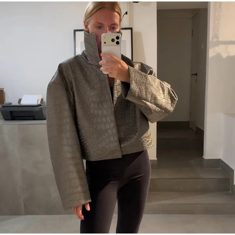 Giacca da donna in pelle PU tinta unita con colletto alla coreana e bottoni, cerniere, cappotto da donna, moda autunno 2026, capospalla femminile streetwear