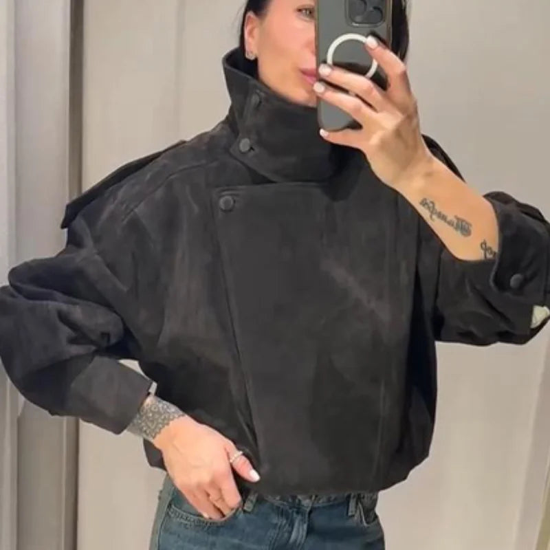 Giacca bomber da donna in camoscio grigio scuro, con colletto alla coreana, maniche lunghe, oversize, asimmetrica, stile street, giacche da donna autunno 2026