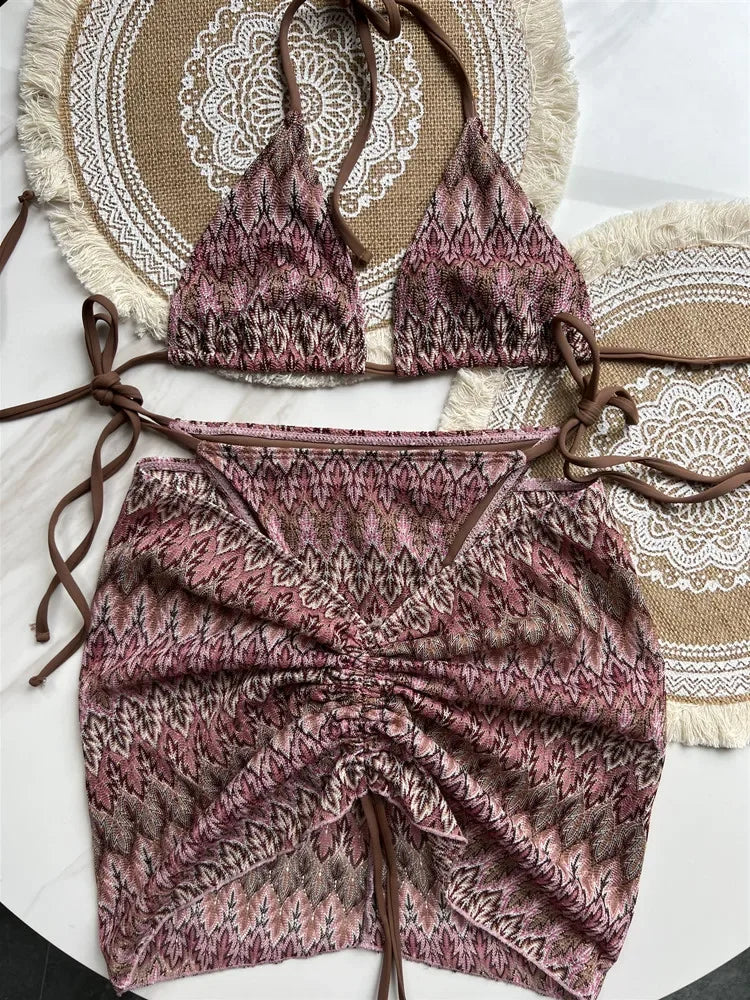Damen-Badeanzug, bunte Ahornblätter, gestrickter Bikinirock, dreiteiliges Set, geteilter Badeanzug, Bikini, sexy Biquini, Badeanzug
