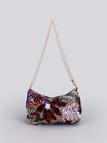 Borse a tracolla da donna con ricamo floreale carino Catene con paillettes alla moda Borsa a tracolla Borsa da spiaggia casual estiva Borsa e portamonete Hobos