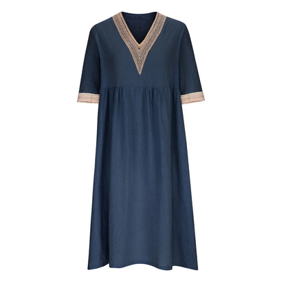 Abito Estivo da Donna 2026 Nuovo in Cotone e Lino a Mezza Manica con Scollo a V, Vestito Casual Chic Vintage con Inserti, Vestito Midi Ampio