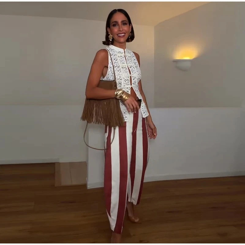 Jeans da Donna a Righe Stile Street Fashion con Cerniera, Bottone e Tasche, Gamba Larga, Pantaloni in Denim Chic Primavera Estate 2026