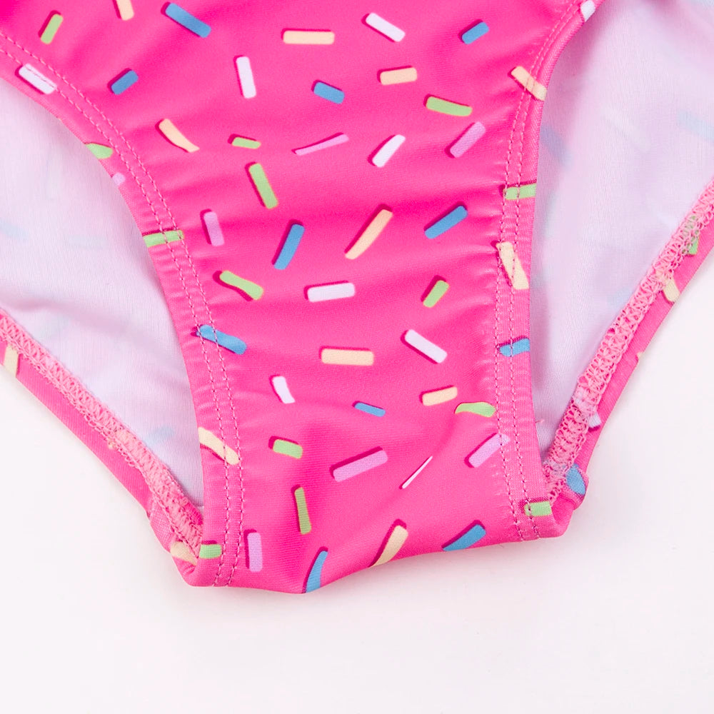 Donut-Print Falbala Mädchen Kinder Badeanzug Outdoor Süße 2-teilige Bademode Elastische Kontrast Mädchen Kinder Bikinis für den Sommerurlaub