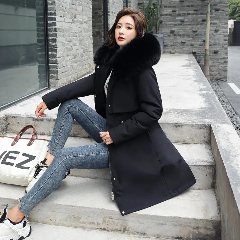 Giacca Invernale 2026 Nuova Parka da Donna Cappotto Lungo con Fodera in Lana Giacca con Cappuccio Collo in Pelliccia Spessa e Calda Abbigliamento da Neve Parka Imbottito 6XL