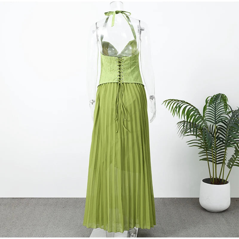 Chic Green Fishbone Halter Abito lungo Lady Solid Sexy Backless Pieghettato Off-spalla Abiti a trapezio 2025 nuovo abito da festa di Natale