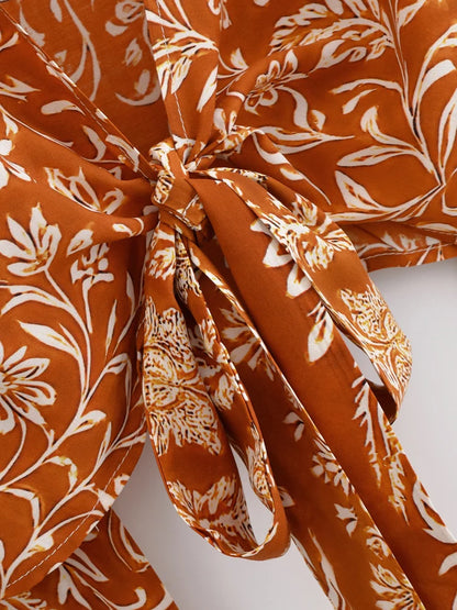 Boho Queens Donna Abiti con stampa floreale marrone Kimono Abito Abiti bohémien Pantaloni a gamba larga 2 pezzi Rayon Boho Set costume da bagno