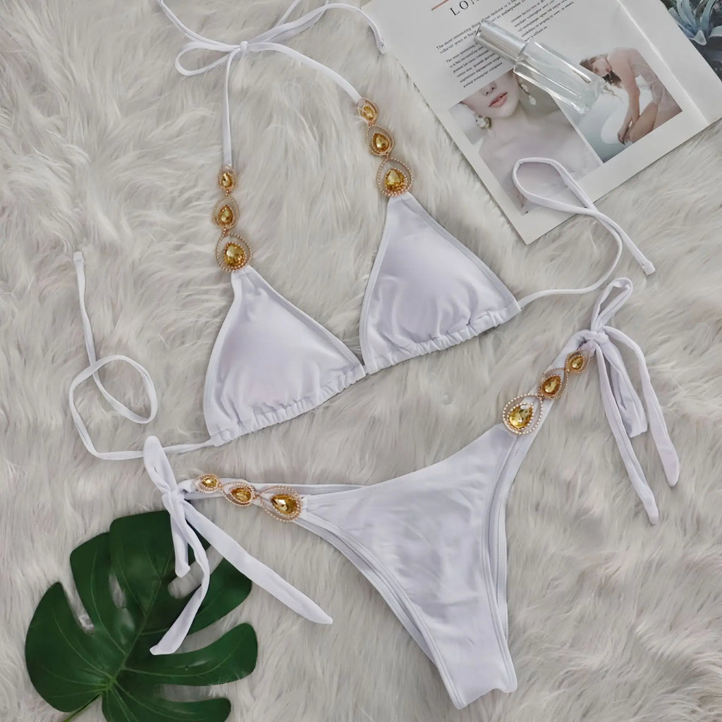 Nero Sexy Bikini 2026 Costume da bagno con strass Donna Costumi da bagno Donna Push Up Bikini Beach Swim Wear Costume da bagno Piscina Bagnante