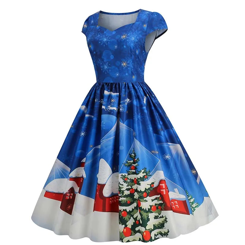 Abiti natalizi per donna Winter Pinup Rockabilly Abito da festa sexy cosplay Abito da ballo da cocktail con stampa di neve di Babbo Natale