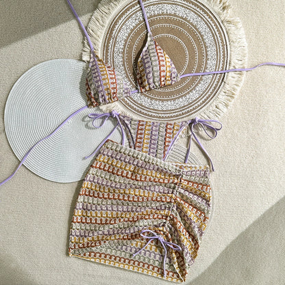 Damen-Badeanzug, bunte Ahornblätter, gestrickter Bikinirock, dreiteiliges Set, geteilter Badeanzug, Bikini, sexy Biquini, Badeanzug