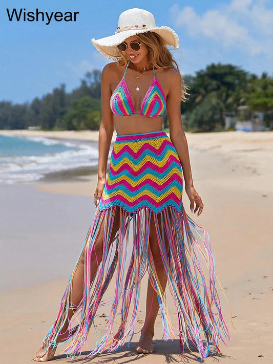 Ensembles sexy d'été tricotés 2 pièces pour femmes, haut de bikini au crochet et jupe à glands avec lacets, tenues de soirée pour la plage et les clubs