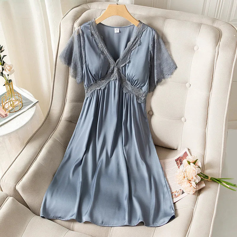 Fdfklak camicia da notte estiva da donna a maniche corte sottile in raso di seta Sexy nuova camicia da notte da notte da notte da donna in pizzo principessa