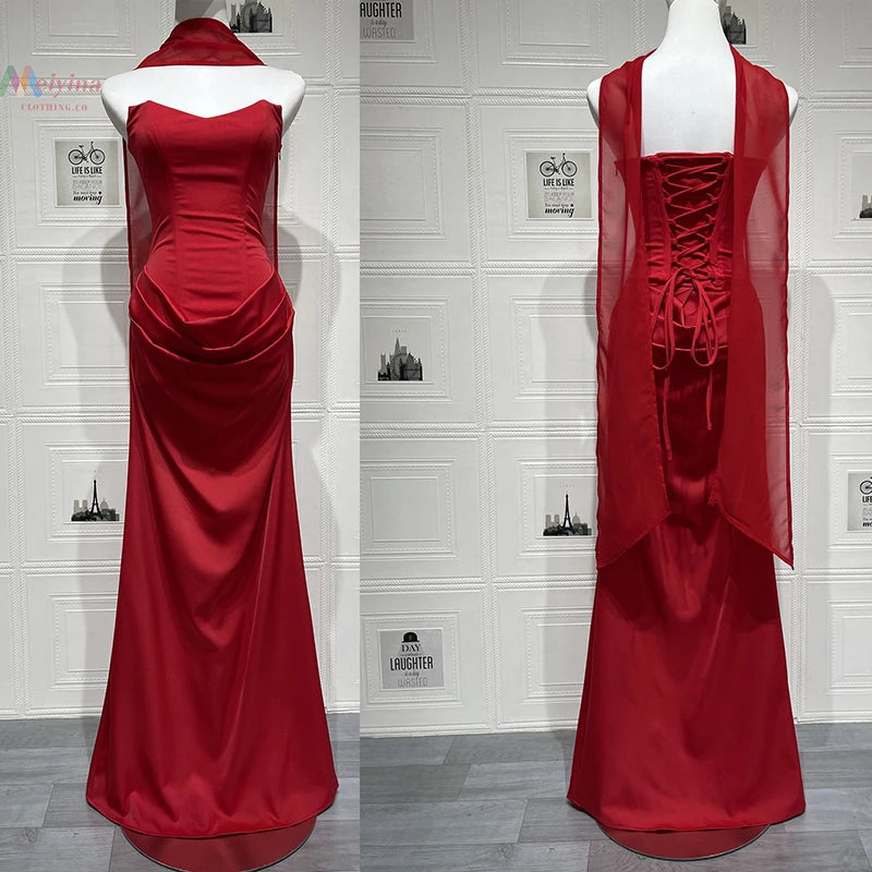 Giyu Sexy Satin Evening Club Abiti da festa Donna 2025 Estate senza spalline con spalle scoperte Lisca di pesce increspato Maxi abito lungo Abito elegante
