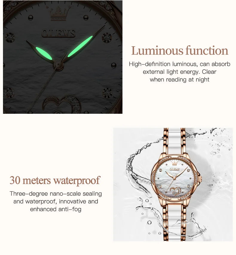 OLEVS 6631 Orologi automatici da donna Eleganti orologi da polso meccanici da donna impermeabili con cinturino in ceramica color oro rosa e lunetta con diamanti
