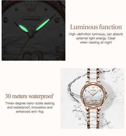 OLEVS 6631 Orologi automatici da donna Eleganti orologi da polso meccanici da donna impermeabili con cinturino in ceramica color oro rosa e lunetta con diamanti