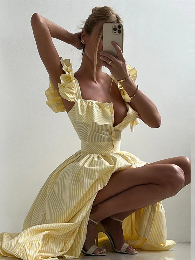 BKQU Abito lungo elegante con maniche volanti a righe con volant Abito lungo da donna chic con colletto quadrato sottile monopetto Abito lungo da festa estivo femminile