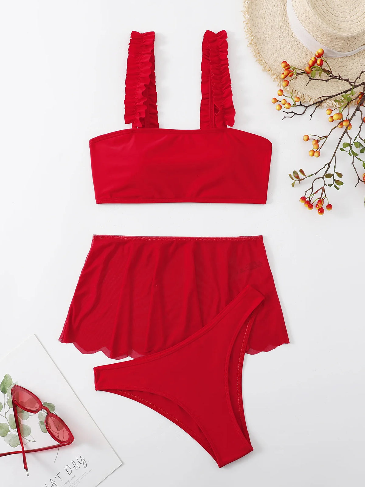 Costume da bagno rosso 2026 da donna, sexy, a vita alta, con gonna, bikini a tre pezzi, con volant, fascia per il petto, per l'estate e la spiaggia
