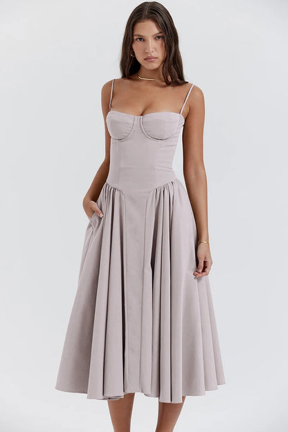 Elegante abito longuette con cinturino per spaghetti da donna Party Slim A Line Solid Bretelle Abiti da donna Nuova moda primavera estate Abiti sexy