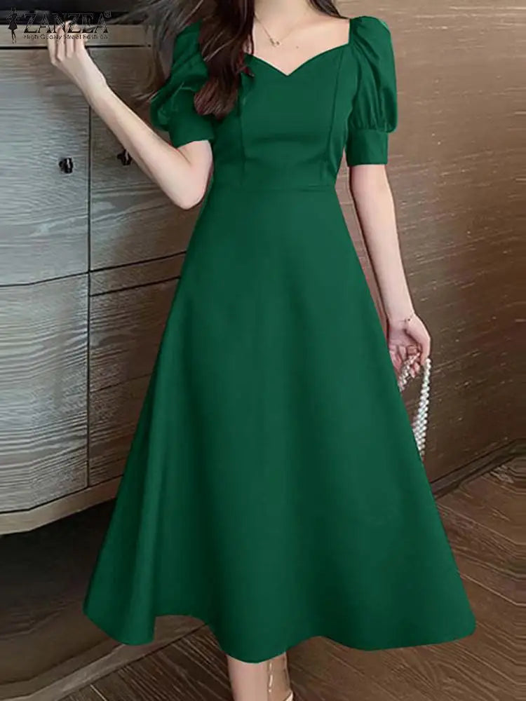 ZANZEA Vita elegante Abiti da festa Abito da sera vintage Donna Puff Manica corta A-line Robe 2024 Abiti da sposa estivi Midi