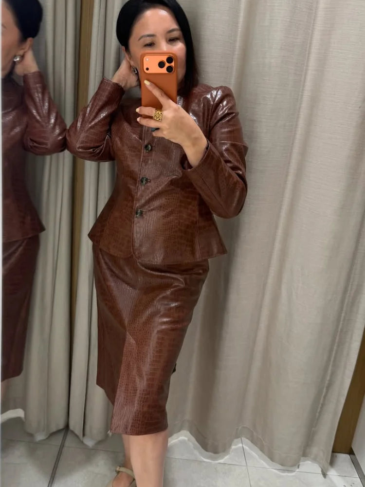 Giacca da donna in pelle PU tinta unita con colletto alla coreana e bottoni, cerniere, cappotto da donna, moda autunno 2026, capospalla femminile streetwear