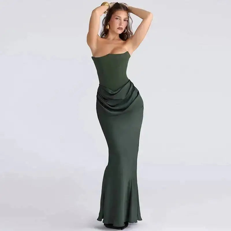 Giyu Sexy Satin Evening Club Abiti da festa Donna 2025 Estate senza spalline con spalle scoperte Lisca di pesce increspato Maxi abito lungo Abito elegante
