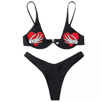 Ensemble bikini imprimé lettres gothiques punk, maillot de bain sexy 2023 pour femmes, motif tête de mort, col en V, maillot de bain tendance