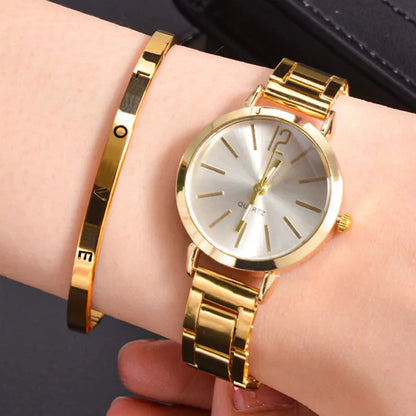 Set da 2 pezzi orologio da donna di lusso quadrante semplice cinturino cavo moda braccialetto in oro orologio da polso al quarzo orologi da donna per studenti Reloj Mujer