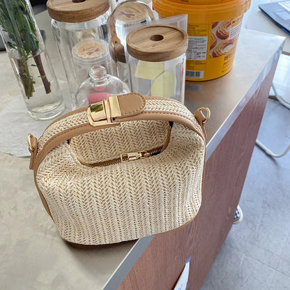 Yogodlns Borsa estiva piccola in paglia Borsa a tracolla alla moda Borsa a tracolla a secchiello intrecciata Borsa da spiaggia casual al mare Borsa con manico per ragazze