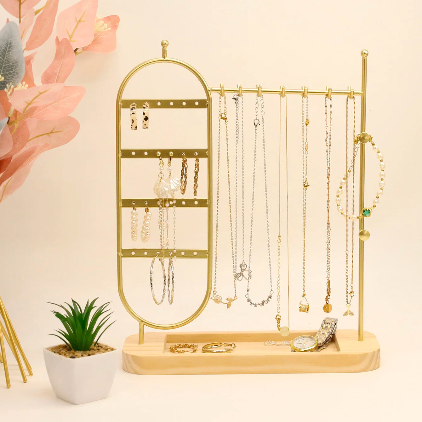 1 portagioie da tavolo con base in legno massello adatto per organizzare e conservare orologi, orecchini, bracciali, collane, ecc.