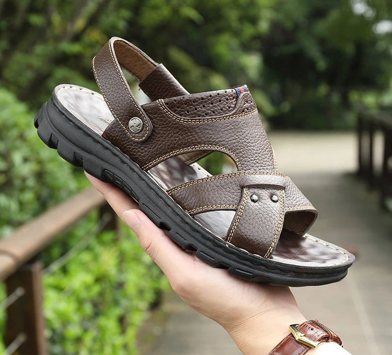 Herren-Ledersandalen für den Sommer, rutschfeste Herrenschuhe aus echtem Leder, Hausschuhe, Strandschuhe mit dicker Sohle für draußen, bequeme, weiche Herren-Sandalen