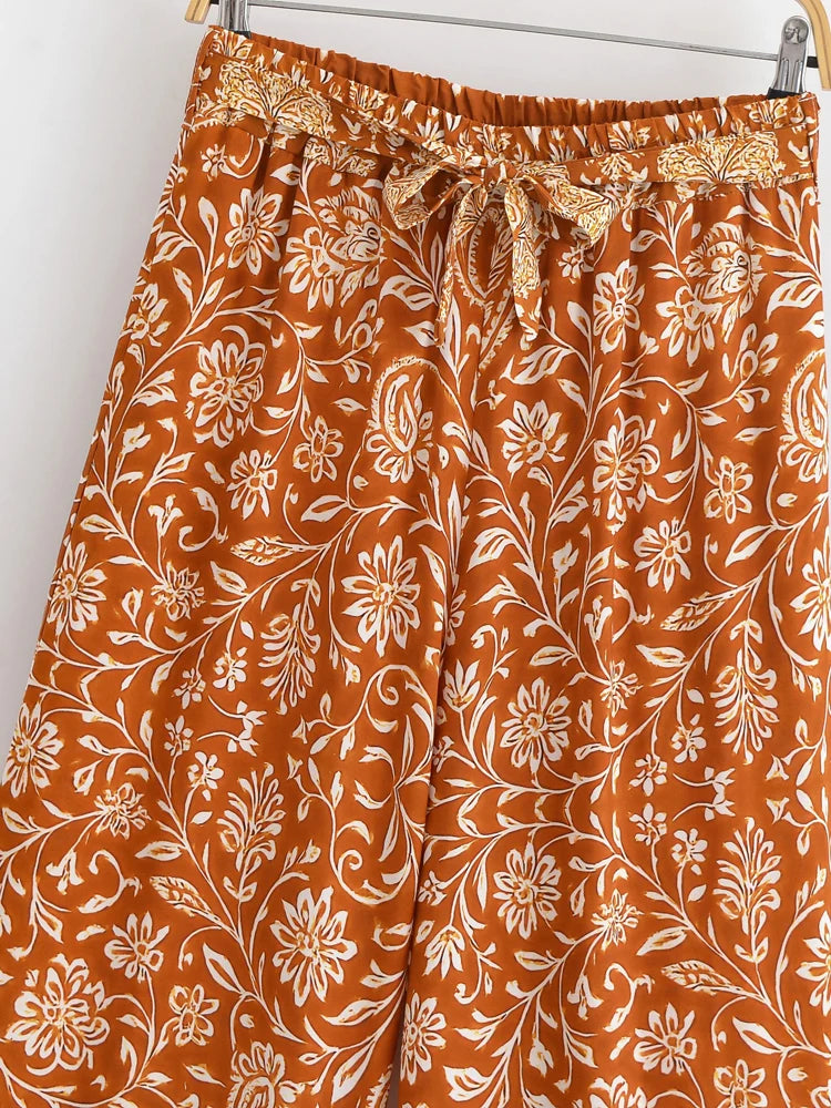 Boho Queens Donna Abiti con stampa floreale marrone Kimono Abito Abiti bohémien Pantaloni a gamba larga 2 pezzi Rayon Boho Set costume da bagno