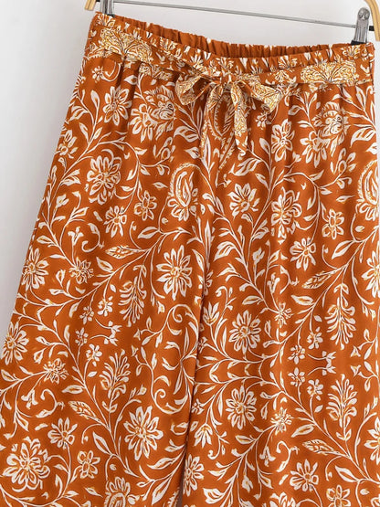 Boho Queens Donna Abiti con stampa floreale marrone Kimono Abito Abiti bohémien Pantaloni a gamba larga 2 pezzi Rayon Boho Set costume da bagno
