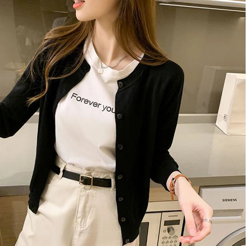 Rimocy Giacca cardigan lavorata a maglia Donna 2025 Primavera Autunno Girocollo Cardigan casual Donna Tinta unita Slim Maglioni coreani Donna