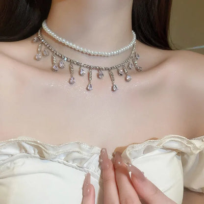 Collane girocollo di lusso con strass e cristalli per donna, collana a più strati con perle finte per feste e matrimoni, gioielli K-