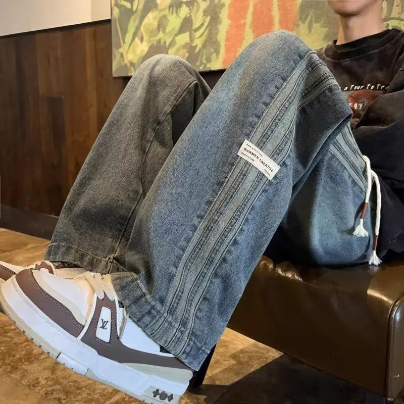 Tre bar jeans retrò americani da uomo primavera e autunno nuovo stile high street elastico in vita sciolto casual gamba dritta da uomo lunga