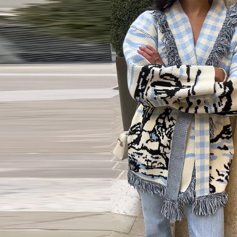Cardigan lavorato a maglia con frange a fiori da donna Moda scollo a V manica lunga bottoni corti Cappotto casual Lady 2025 Autunno Chic Capispalla
